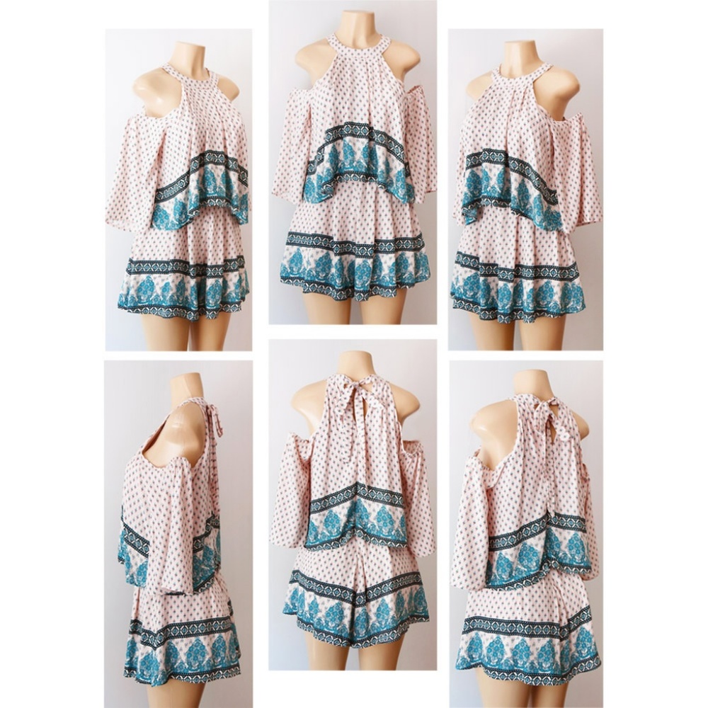 Taupe Pink Mock Neck Cold Shoulder Pleated Romper - Picture 7 of 8